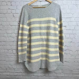 J JILL Pullover Knit Sweater Petite Grey Pale Yellow Stripes Cotton Blend L